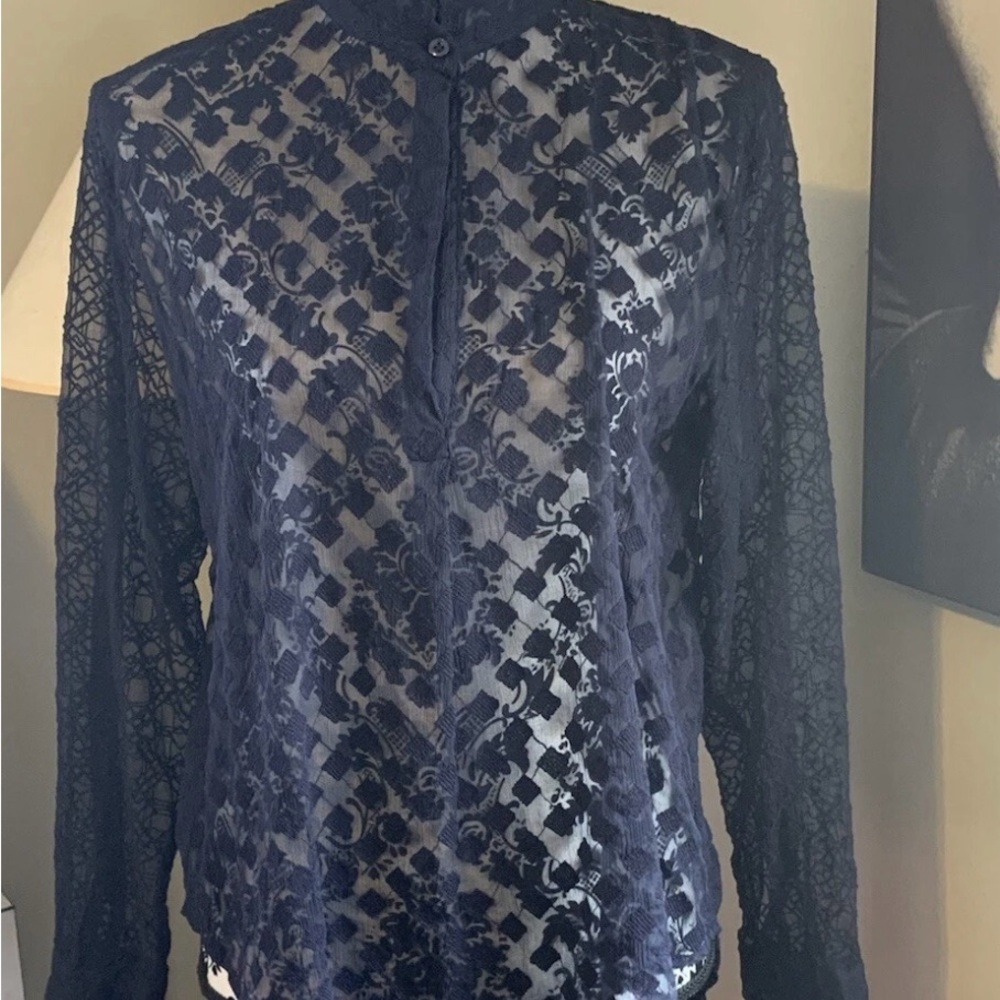Johnny Was 4 Love and Liberty Black Sheer Velvet Burnout Tunic Blouse Sz S